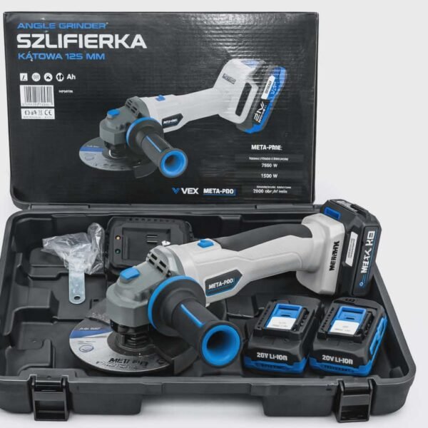 Akumuliatorinis kampinis šlifuoklis META-PRO 125 mm (20V) – su 2 baterijomis