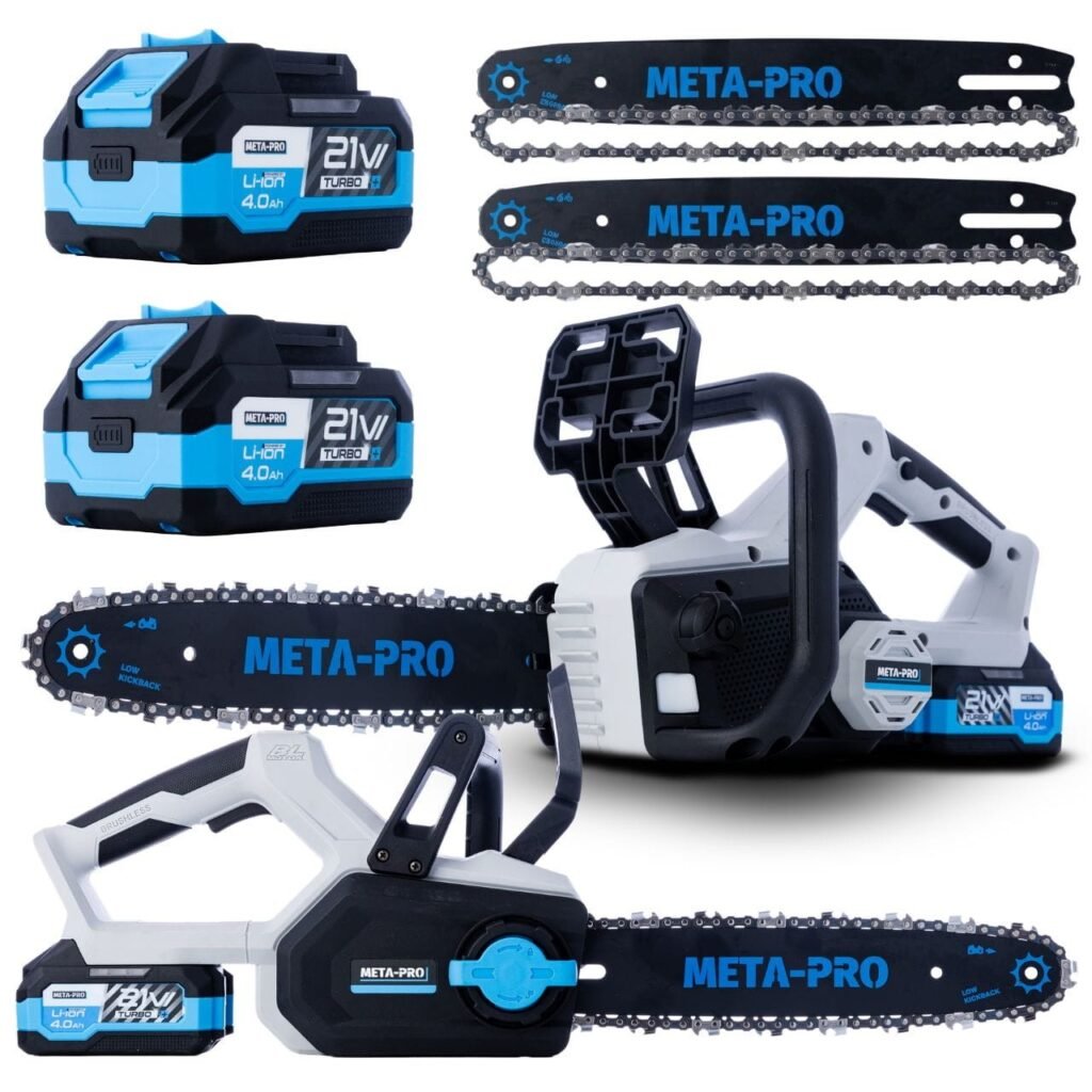 Bešepetis akumuliatorinis grandininis pjūklas 12" 30cm 850W 2x4Ah META-PRO