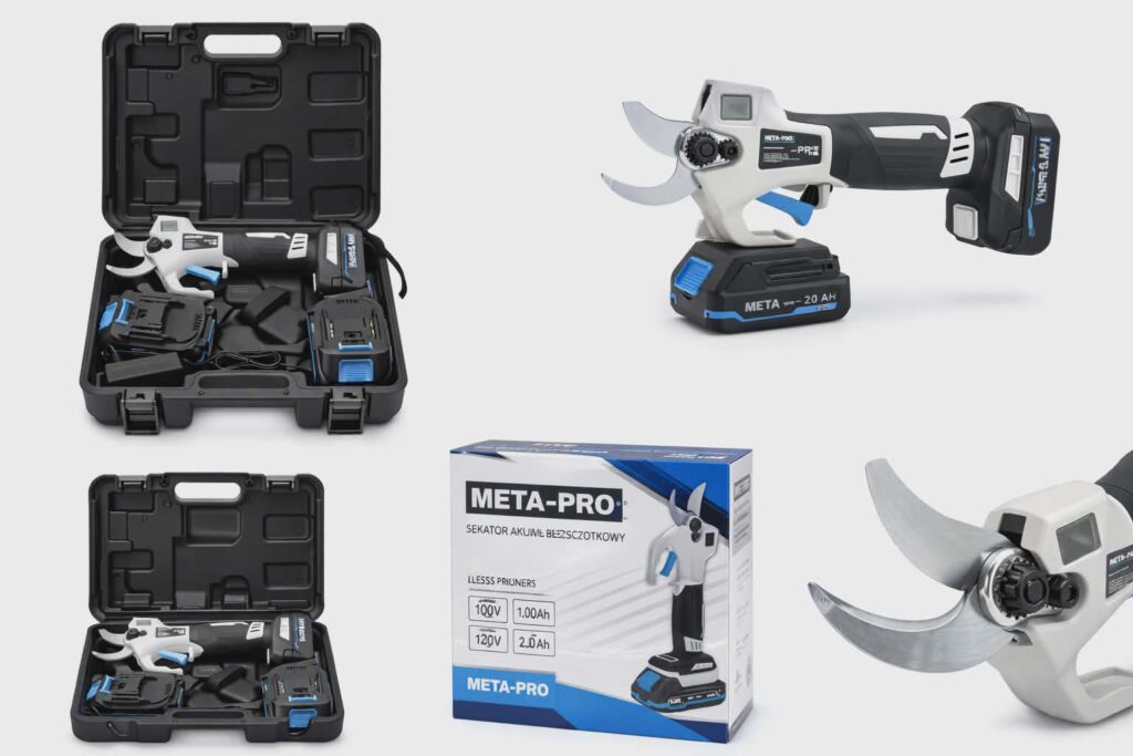 Akumuliatorinės sodo žirklės META-PRO 20V (bešepetėlinės) – su 2 baterijomis