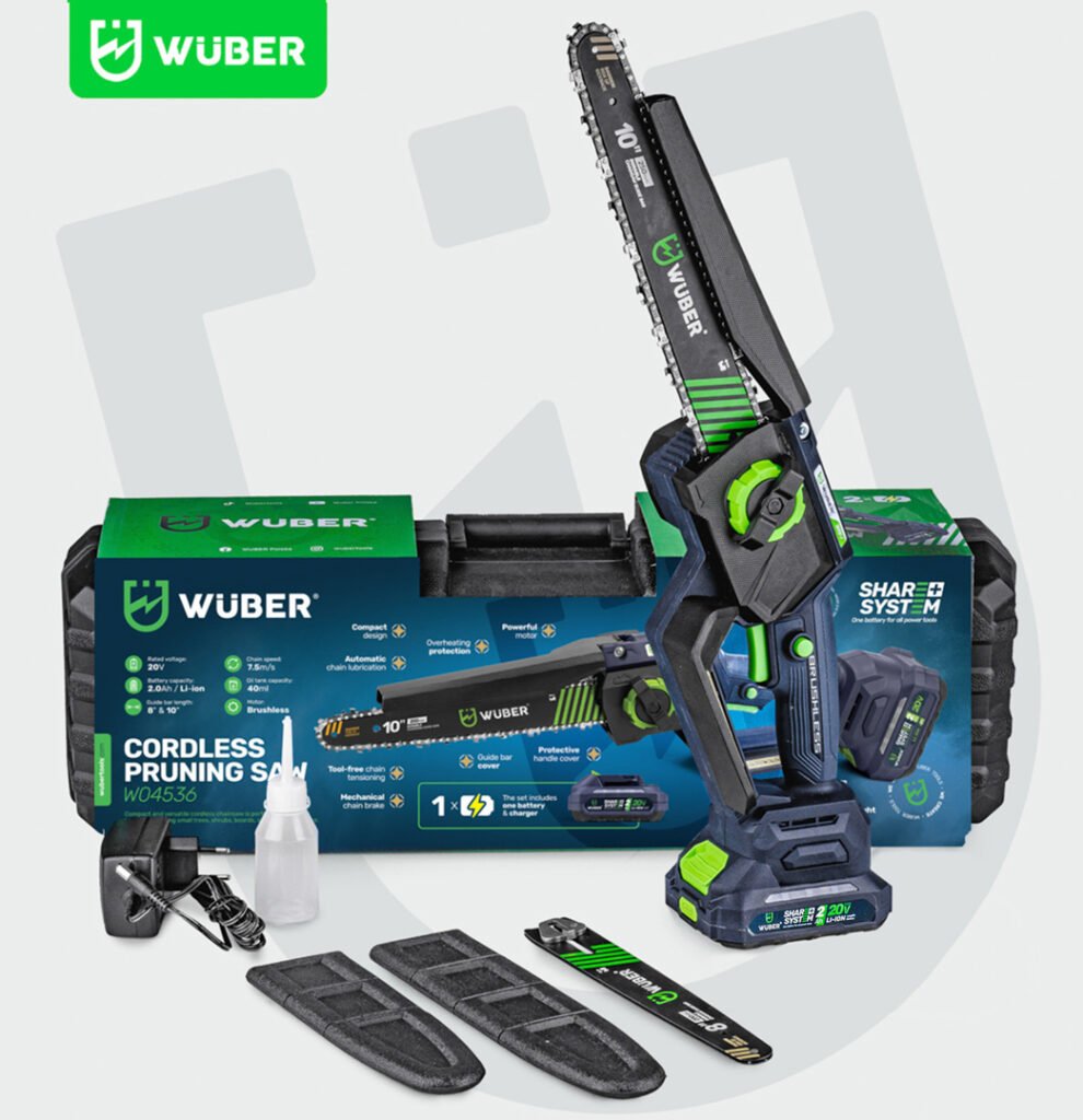 Akumuliatorinis bešepetėlinis mini grandininis pjūklas Wuber W04536 1 baterija