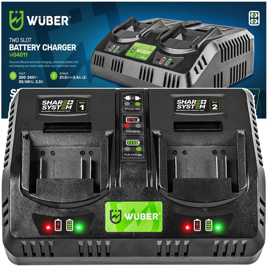 WUBER Share+ sistemos 21 V dvigubas akumuliatorių įkroviklis W04011