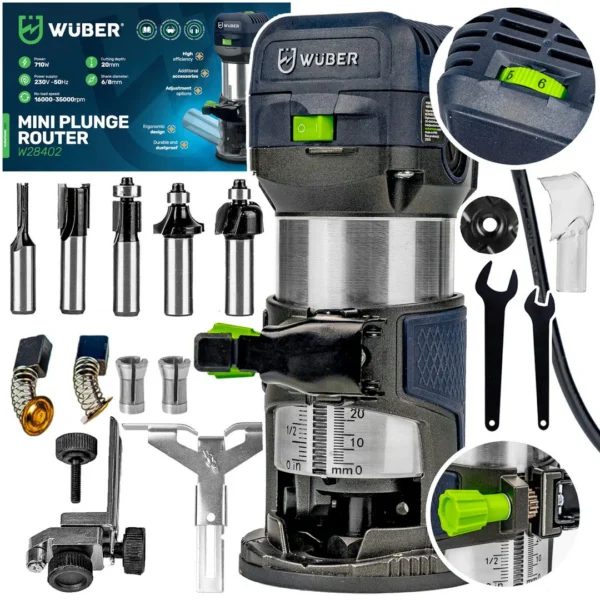 Įstrižinis freza 710 W + frezos antgalių rinkinys WUBER