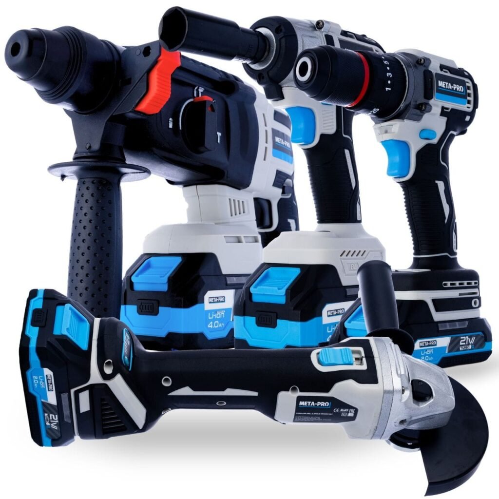 Akumuliatorinių įrankių rinkinys META-PRO 21V (4 įrankiai, 2 baterijos)