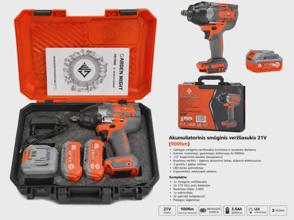 Akumuliatorinis smūginis veržliasukis 21V – Brushless (900Nm)
