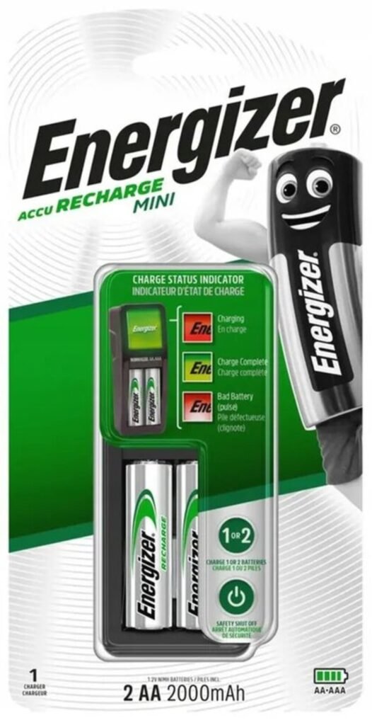 „Energizer Mini“ baterijų įkroviklis + 2 x R6/AA 2000 mAh baterijos